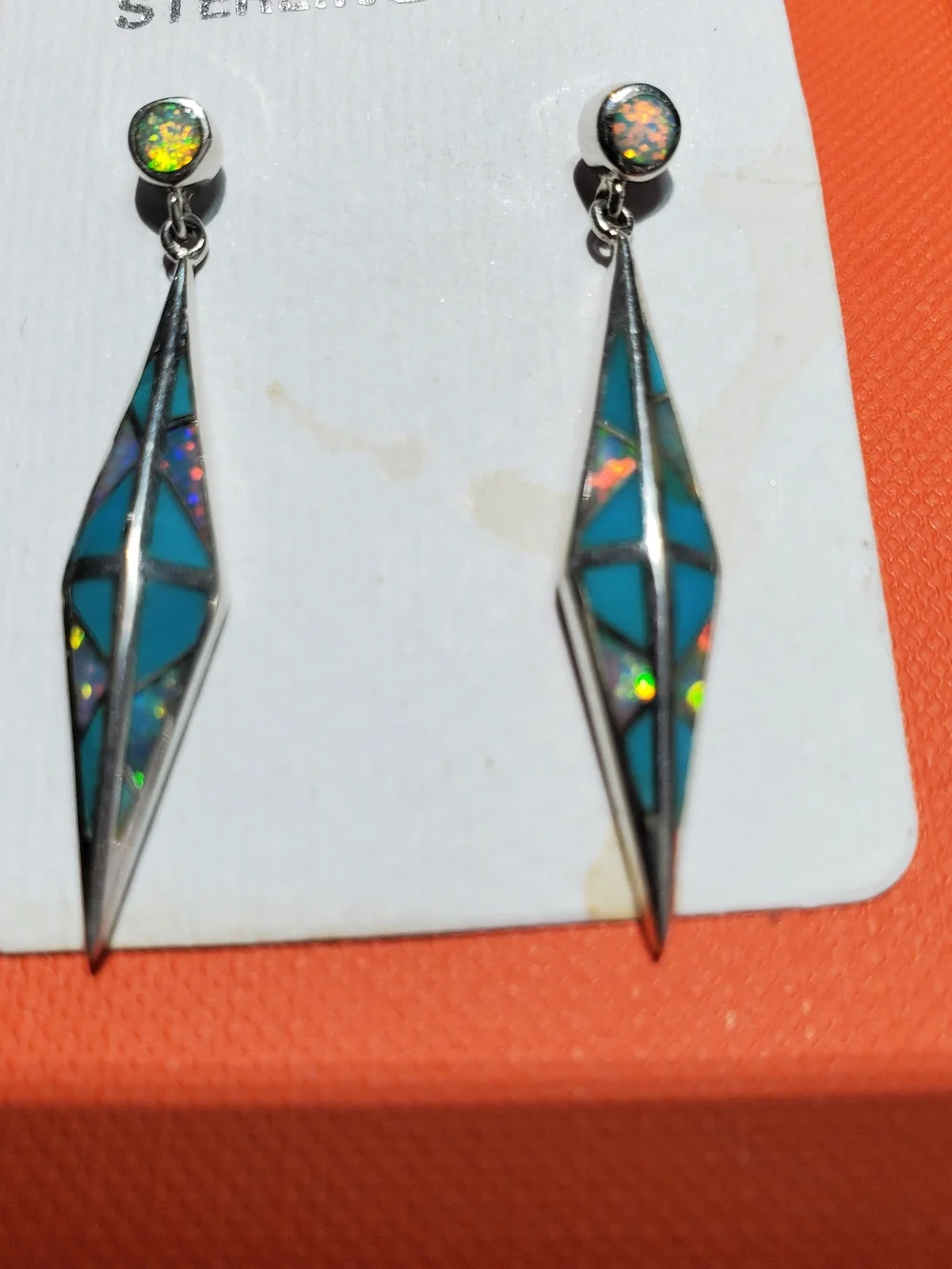 Native Alvin Vandever Sterling Silver Turquoise Fire Opal Inlay Dangle Earrings